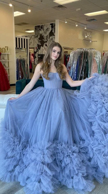 Formal Dress for EveningsCharming Blue Strapless Tulle Evening Dress With Bottom Ruffles,Generous Blue Evening Gown  Y812