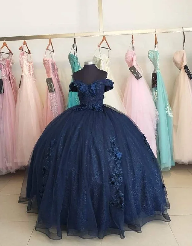 Formal Dress for Historical ReenactmentsNavy Blue Off The Shoulder Sparkly Ball Gown,Princess Dress Y4426