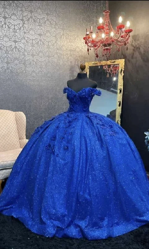 Formal Dress for Formal DinnersBall Gown Off The Shoulder Sequin Quinceanera Dresses Royal Blue Sweet 16 Dress 3D Florals Y5564