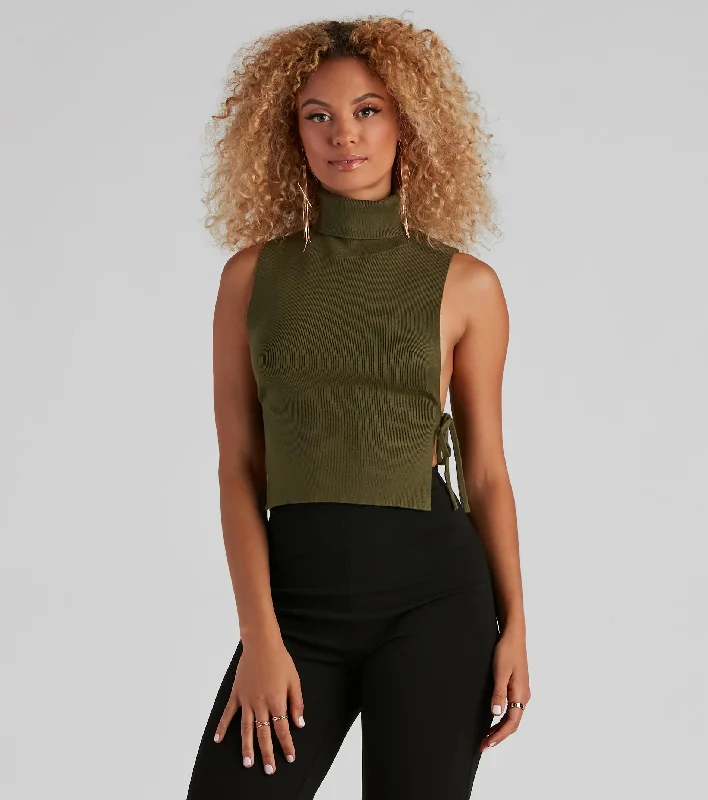 women's tops for those who prefer classic over trendy stylesSide Ties Turtleneck Sweater Top