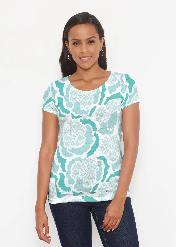 women's tops for those who want to stay cool and chic during warmer weatherPeonies Aqua (8082) ~ Short Sleeve Scoop Shirt