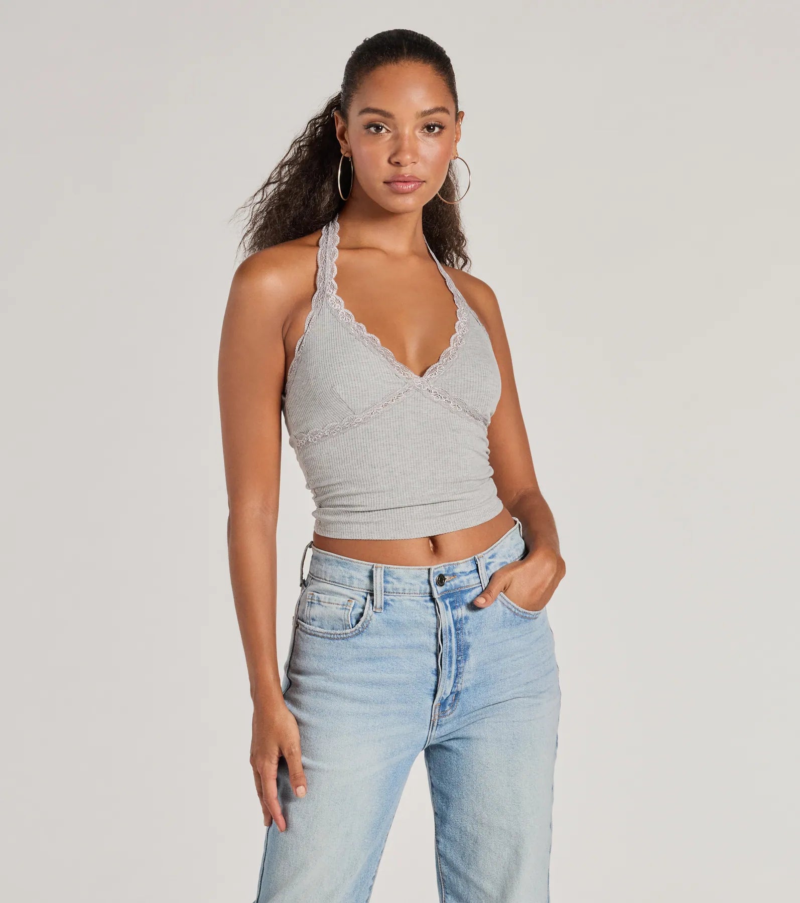 women's tops for those who love to shop for unique findsAdorably Trendy Lace Trim Knit Halter Top