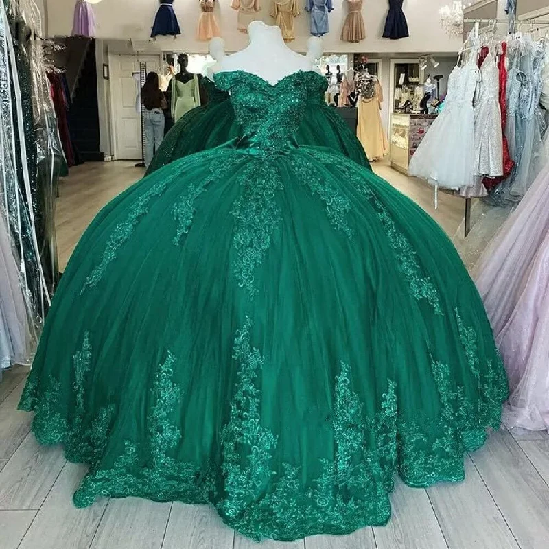 Formal Dress for Evening WeddingsOff Shoulder Lace Tulle Quinceanera Dresses Dark Green Applique Ball Gown Y4080