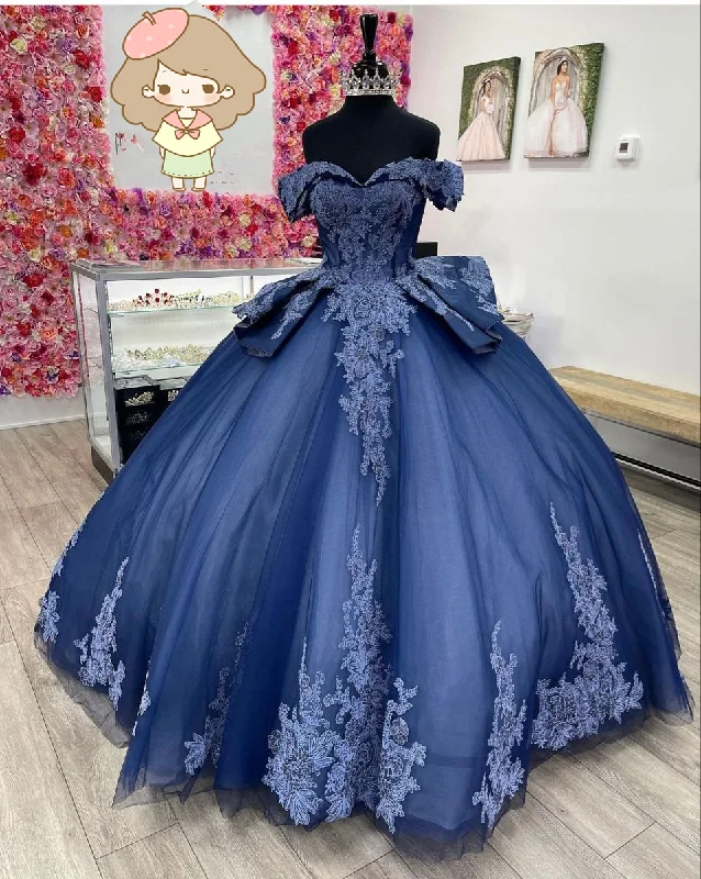 Formal Dress for Bohemian ThemesNavy Off The Shoulder Tulle Lace Quinceanera Dress,Navy Blue Ball Gown Sweet 15 Dress  Y2985