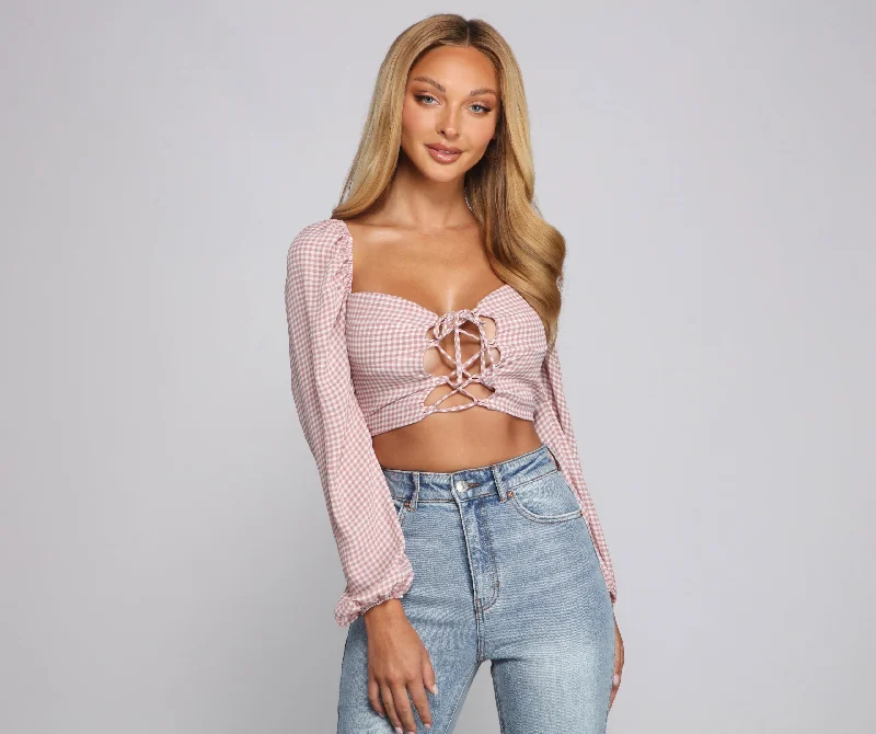 women's tops for cozy nights inLace-Up Gingham Crop Top