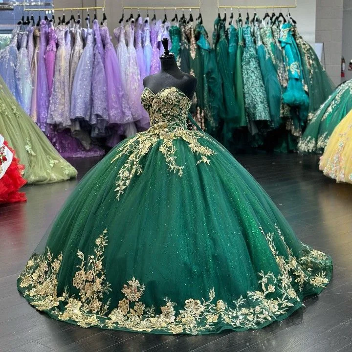 Formal Dress for Beauty ContestsGlitter Sweetheart Green Tulle and Gold Appliques Ball Gown Sweet 16 Dress Princess Dress Y4304