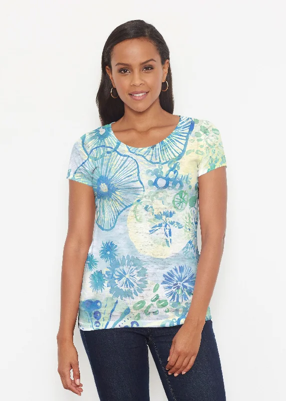 women's tops for wedding guest attireSand Dollar Aqua (16256) ~ Short Sleeve Scoop Shirt