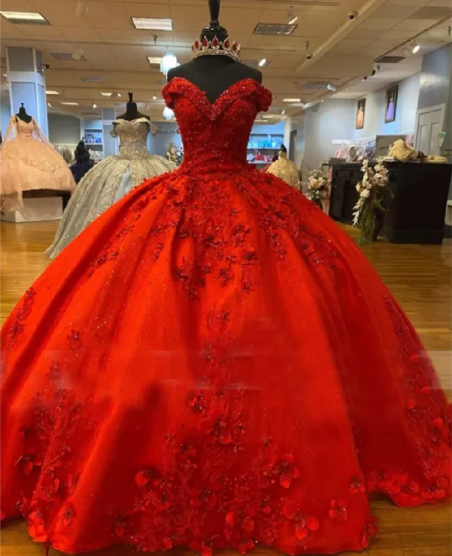 Classic Formal Dress StylesLuxurious Red 3D Flowers Ball Gown,Sweet 16 Dress,Quinceanera Dress  Y5321