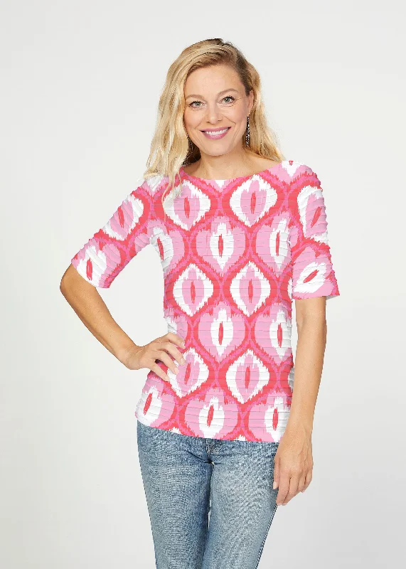 women's tops for those who want to elevate their everyday wear with chic and elegant piecesIkat Buds Red/Pink (8096) ~ Banded Elbow Sleeve Boat Neck Top