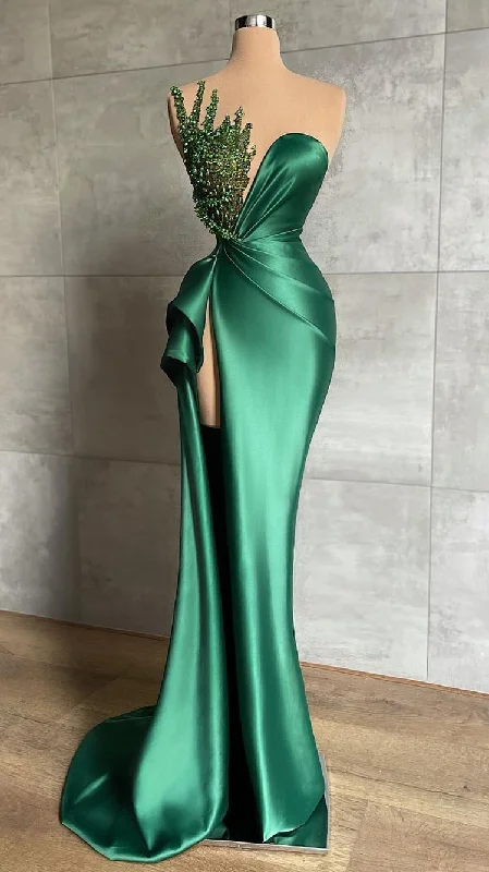 Formal Dress for Film PremieresPlunging V-Neck Beads Long Formal Evening Dress Emerald Green Evening Gown High Split Y596