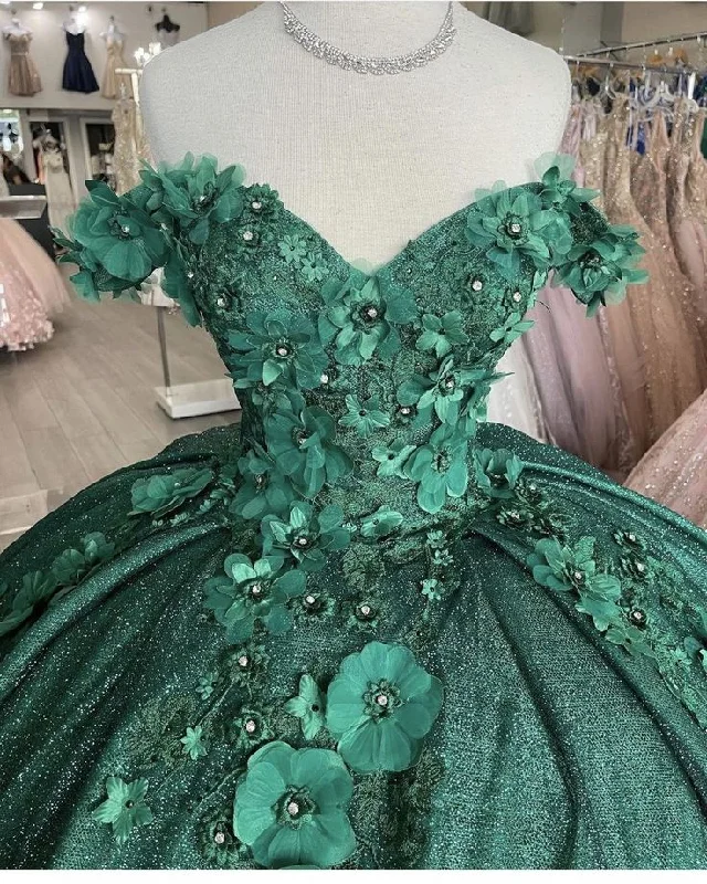 Formal Dress for Corporate AwardsOff The Shoulder Green Ball Gown With Flowers Sweet 16 Dress Y4436