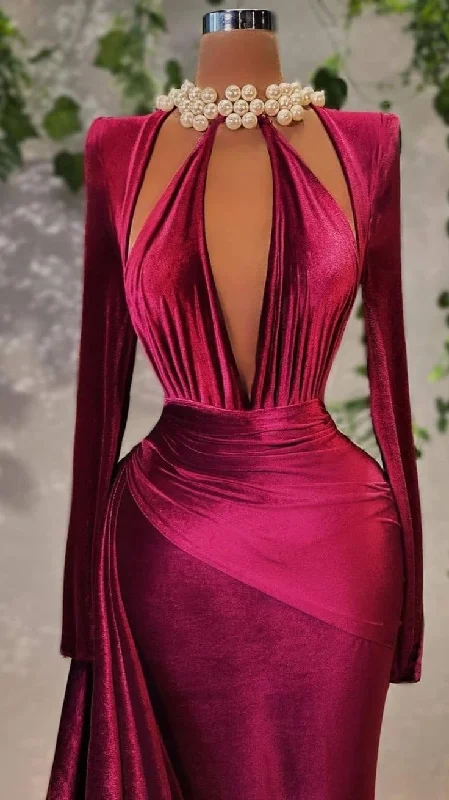 Formal Dress for Business EventsSexy Velvet Long Sleeve Evening Dress,Chic Evening Gown Y4934