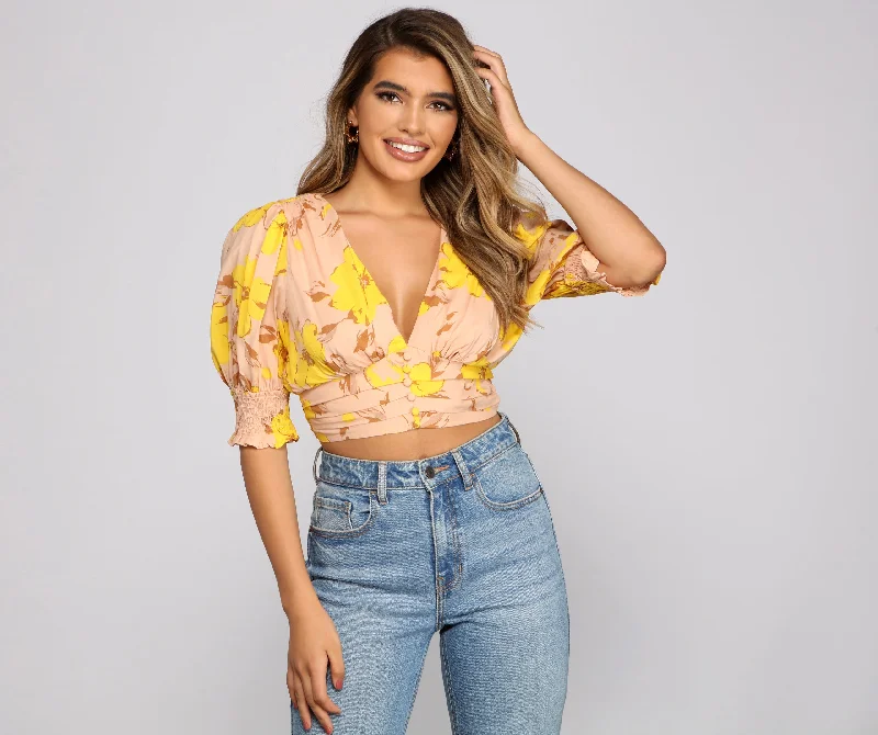 women's tops for fashion-conscious professionalsFalling For Florals Puff Sleeve Crop Top