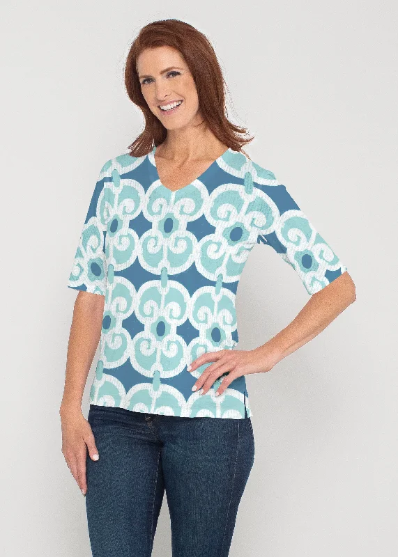 women's tops with flutter sleevesLinks Navy Aqua (8133) ~ Signature Elbow Sleeve V-Neck Top