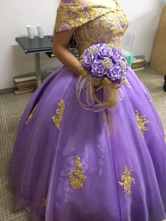 Formal Dress for Religious CeremoniesCharming Purple Off The Shoulder Ball Gown Sweet 16 Dress Y6140