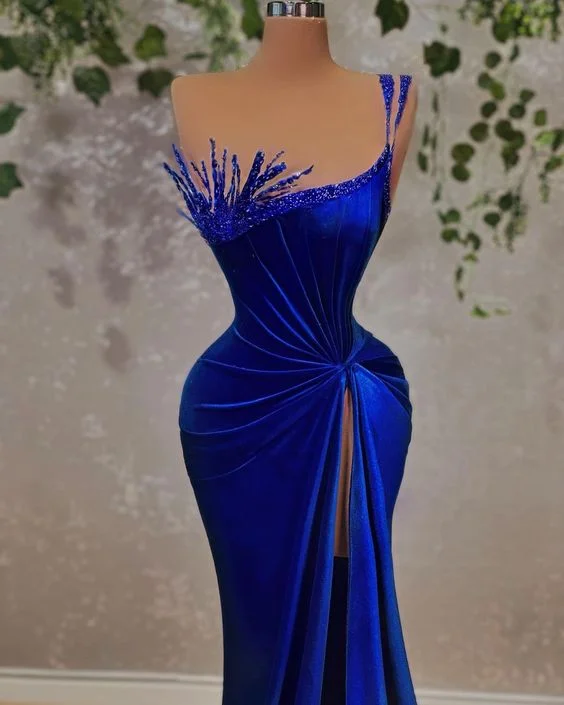 Formal Dress for Evening WeddingsGlamorous Royal Blue Velvet Evening Dress, Unique Design Straps Evening Gown With High Split Y719