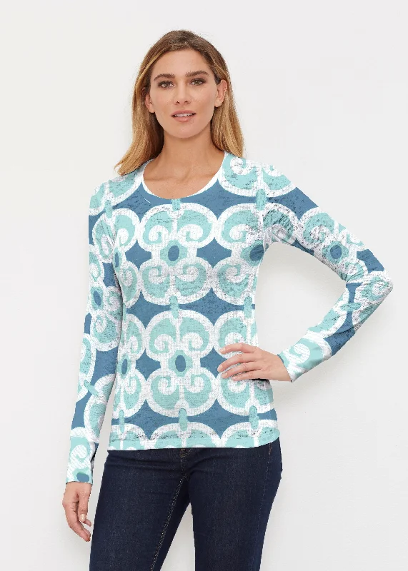 women's tops with asymmetrical designsLinks Navy Aqua (8133) ~ Thermal Long Sleeve Crew Shirt