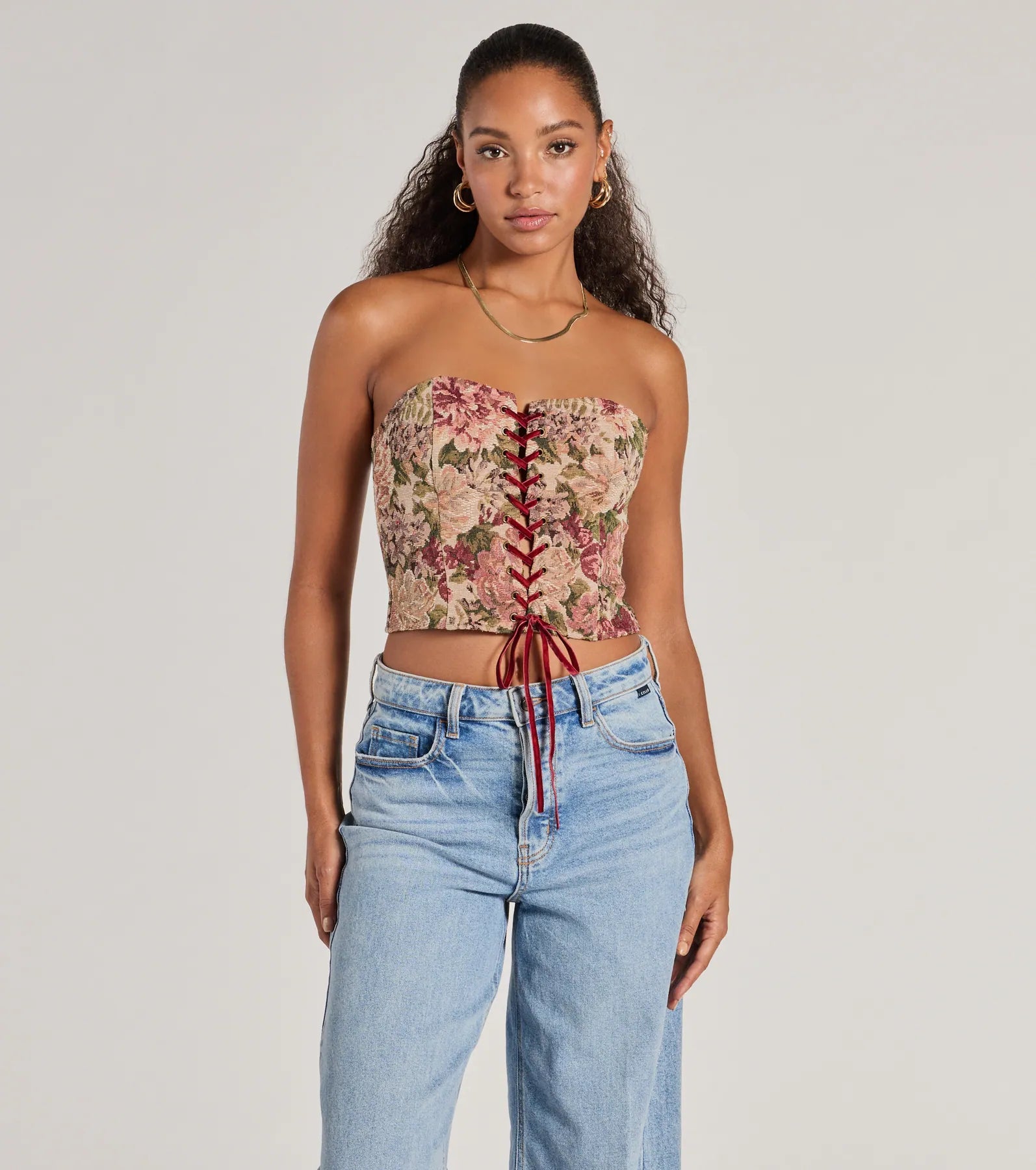 silk women's topsBlooming Beauty Tapestry Lace-Up Cropped Corset Top