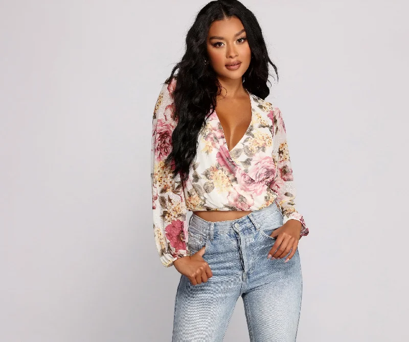 women's tops for those who want to add a pop of color to their outfitsFloral Rush Surplice Mesh Top