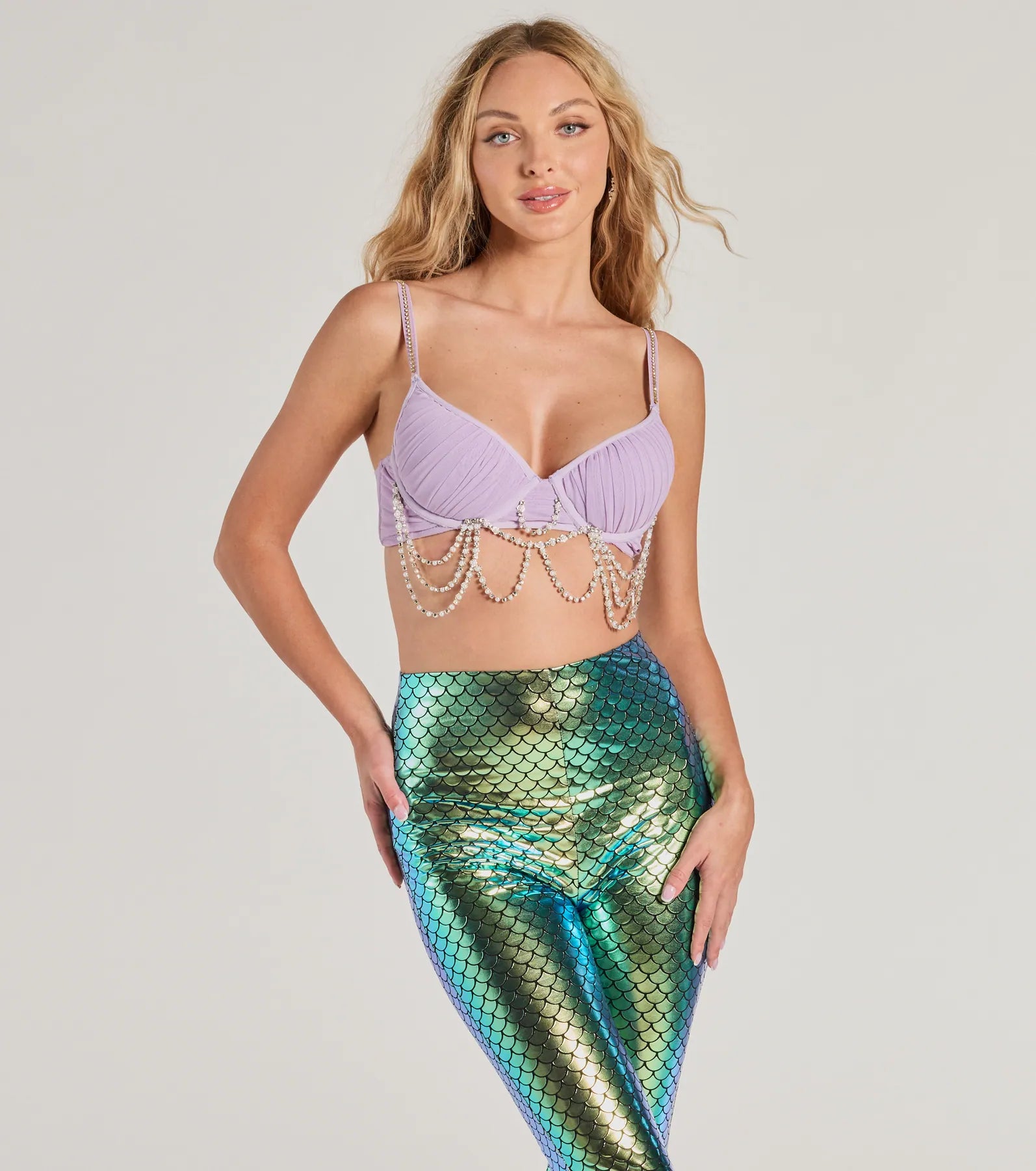 women's tops with built-in brasMystical Mermaid Rhinestone And Pearl Trim Bra Top