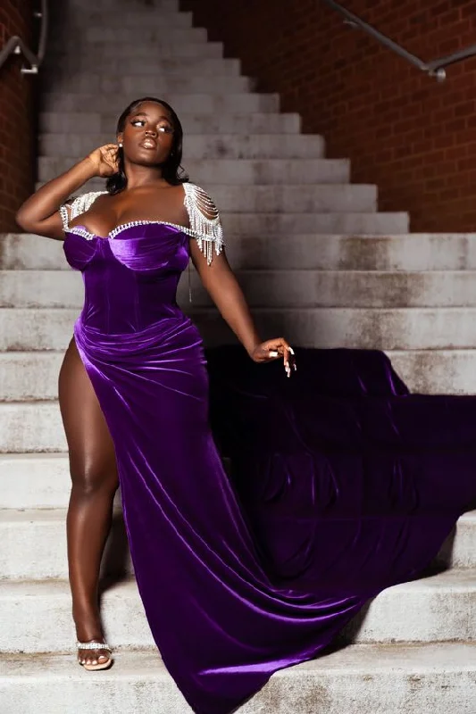 Formal Dress for Sailing RegattasPurple Velvet Evening Dress,Sexy Formal Gown For Black Girls Y1835