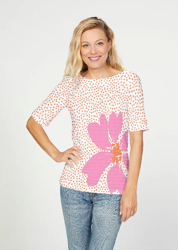 women's tops with floral printsDaisy Dots Pink (8079) ~ Banded Elbow Sleeve Boat Neck Top