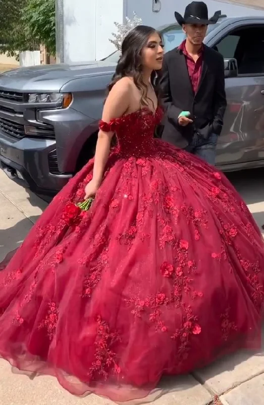 Formal Dress for Sustainable FashionRed Ball Gown Quinceanera Dresses 3D Flowers 16 Birthday Princess Dress Y6469