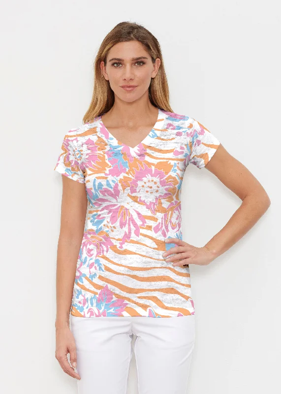 women's tops for those who prefer classic over trendy stylesZebra Posy Orange (8119) ~ Signature Cap Sleeve V-Neck Shirt