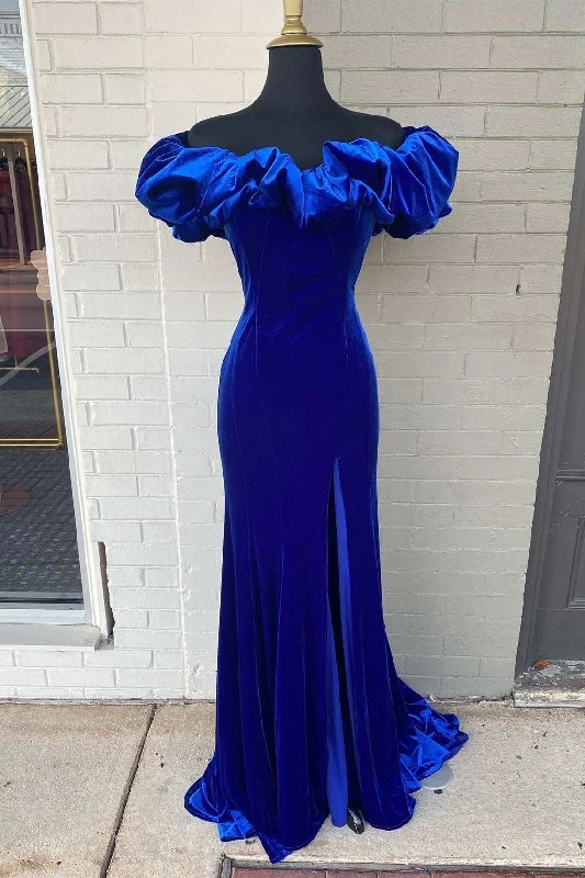 Formal Dress for Summer WeddingsRuffle Off the Shoulder Royal Blue Long Formal Dress with Slit,Charming Evening Dress  Y1569