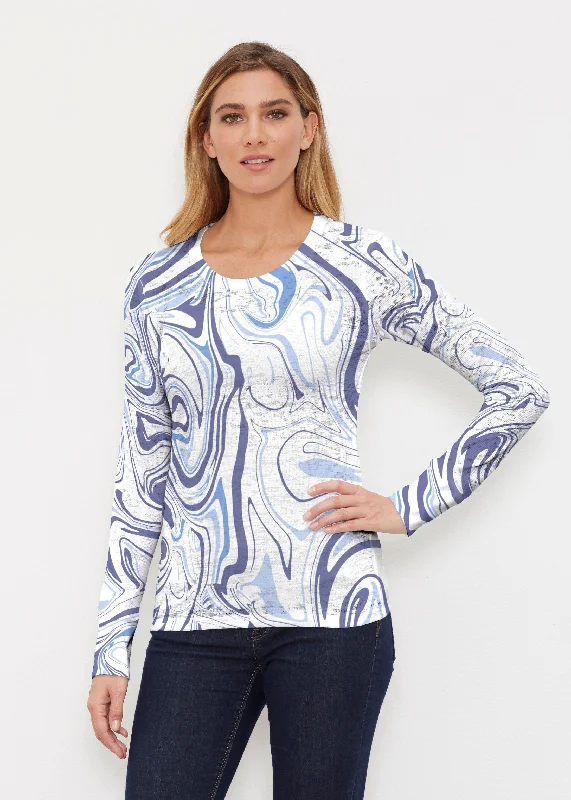 women's tops with spaghetti straps and deep V-necksSwirly Blue (8076) ~ Thermal Long Sleeve Crew Shirt