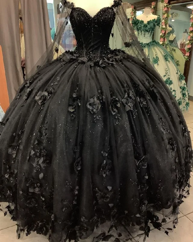 Formal Dress for Sustainable FashionBlack Ball Gown Quinceanera Dresses with Flowers,Sweet 16 Dresses Y5753