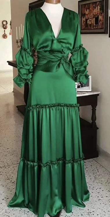 Formal Dress for Golf TournamentsVintage Emerald Green Long Sleeves Evening Dress,Emerald Green Evening Gown  Y5237