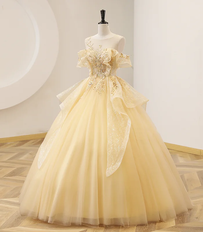 Formal Dress for Bohemian ThemesYellow Ball Gown Beaded Sweet 16 Dress, Yellow Long Formal Dress Y4045