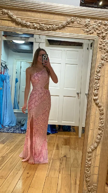 Formal Dress for Military BallsChic One Shoulder Pink Sequins Evening Dress ,Sparkly Pink Evening Gown Y1633