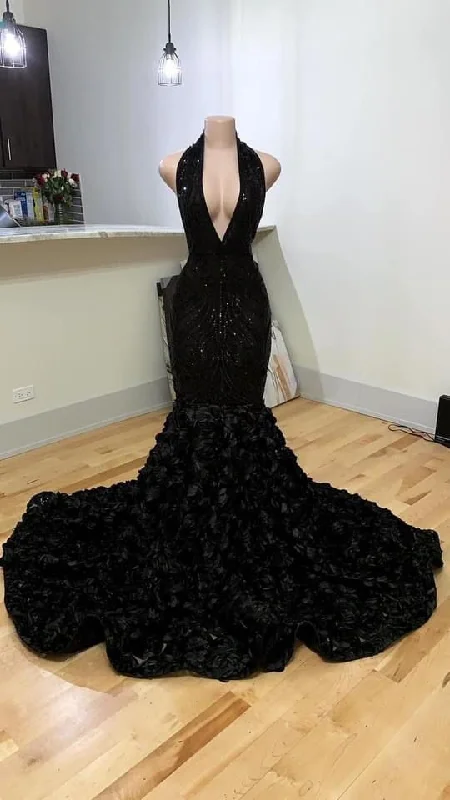 Formal Dress for Tennis TournamentsBlack Halter Neck Mermaid Evening Dress With 3D Flower Sexy Formal Gown Y982