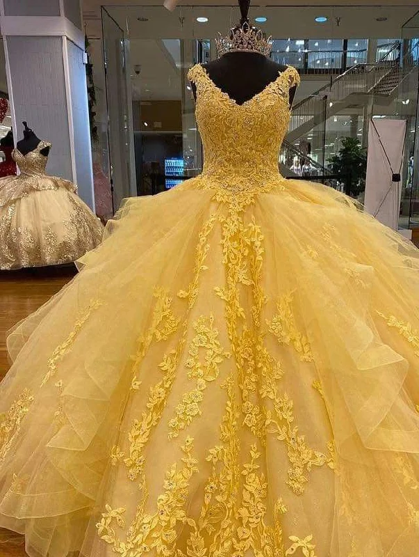 Formal Dress for Black-Tie Optional EventsYellow A-line Tulle Lace Ball Gown Quinceanera Dress Sweet 15 Dress Y4065