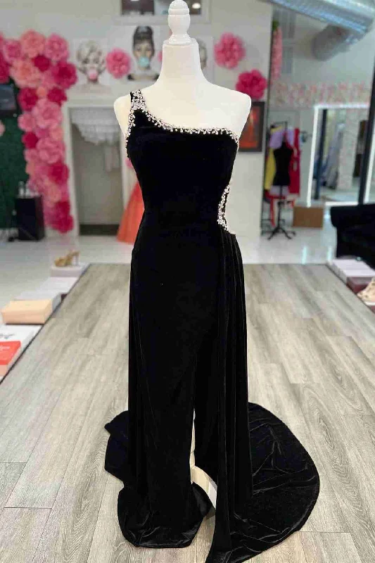 Formal Dress Trends 2023Beaded One Shoulder Black Velvet Long Formal Dress,Sexy Evening Dress Y1791