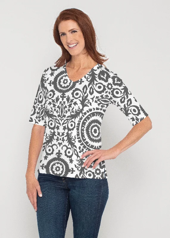 women's tops for beach outingsWorld of Swirls (14265) ~ Signature Elbow Sleeve V-Neck Top