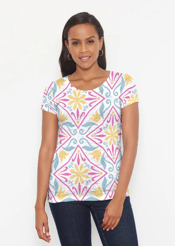 women's tops for cocktail partiesGeo Tile Blue (8158) ~ Short Sleeve Scoop Shirt