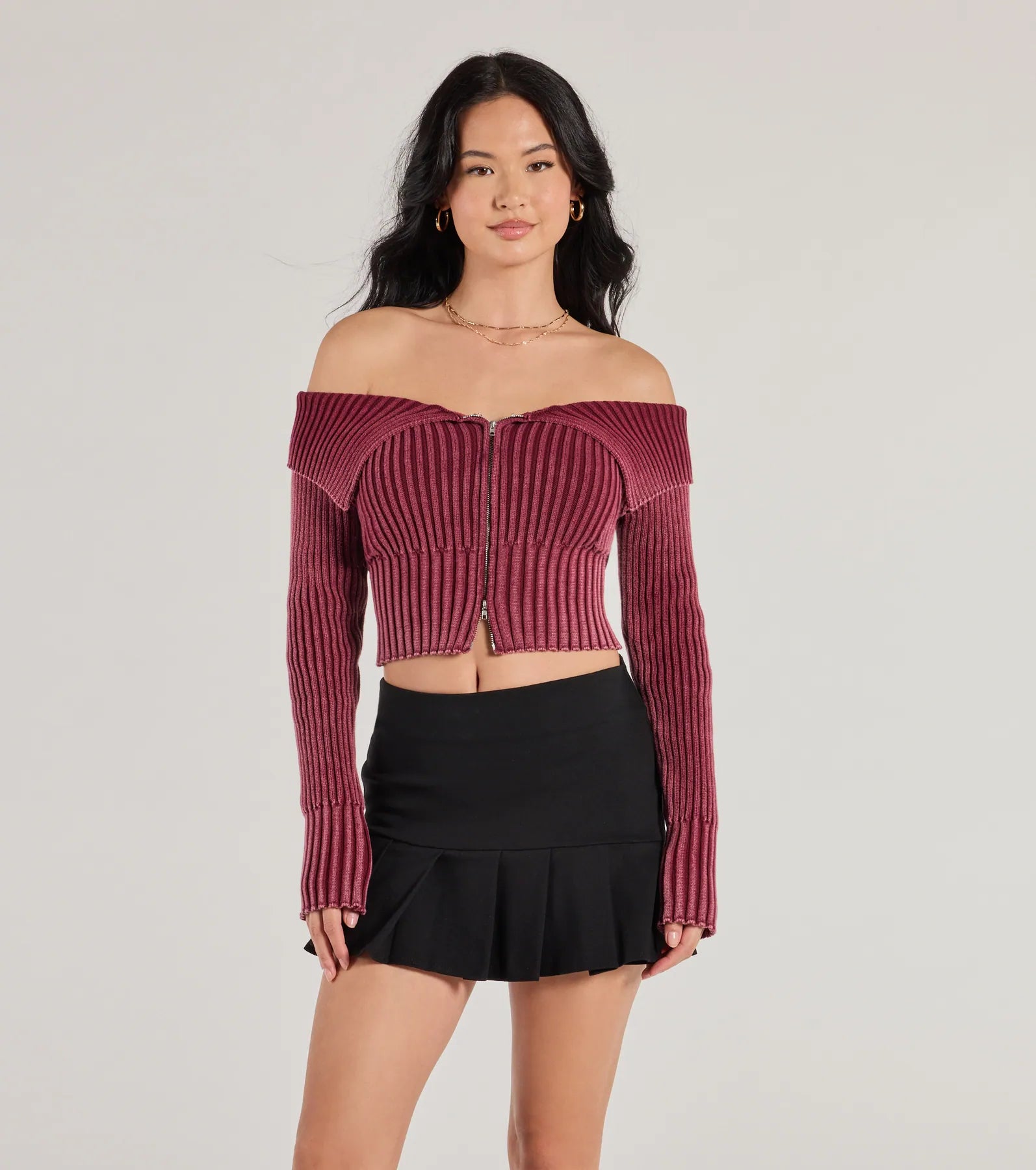 women's tops with built-in brasTrendsetting Style Off-The-Shoulder Cropped Knit Top