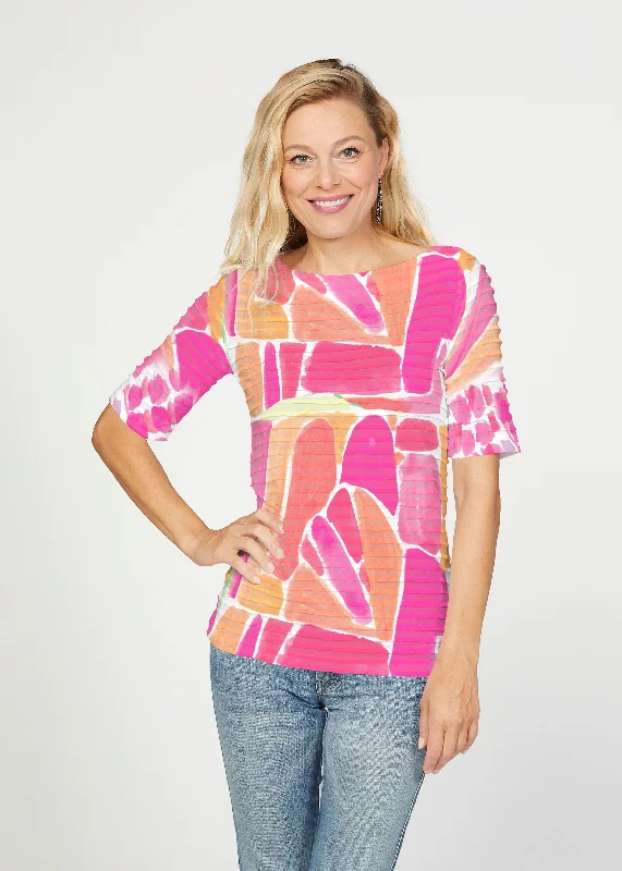 women's tops with ruffled hemsPebble Walk Orange (17261) ~ Banded Elbow Sleeve Boat Neck Top