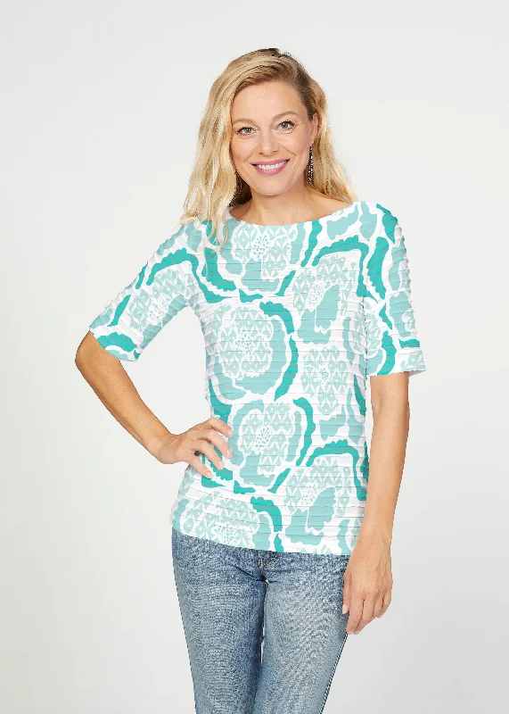 women's tops for those who want to create outfits that are both trendy and timelessPeonies Aqua (8082) ~ Banded Elbow Sleeve Boat Neck Top