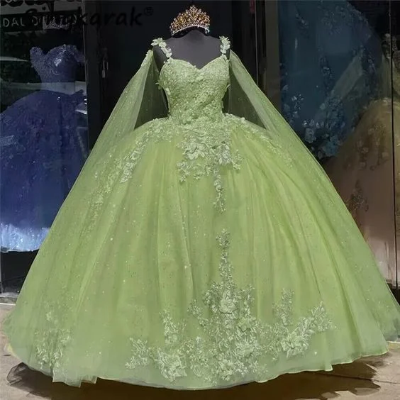 Formal Dress for Day WeddingsGreen Quinceanera Dresses With Cape 3D Flowers Sweet 15 Birthday Ball Gown Y6065