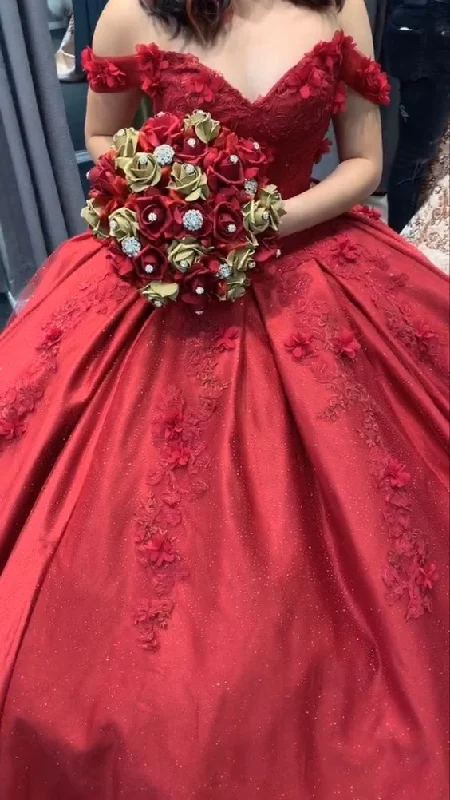 Formal Dress for Eco-Conscious EventsRed Off The Shoulder Ball Gown With Appliques Sweet 16 Dress  Y6454