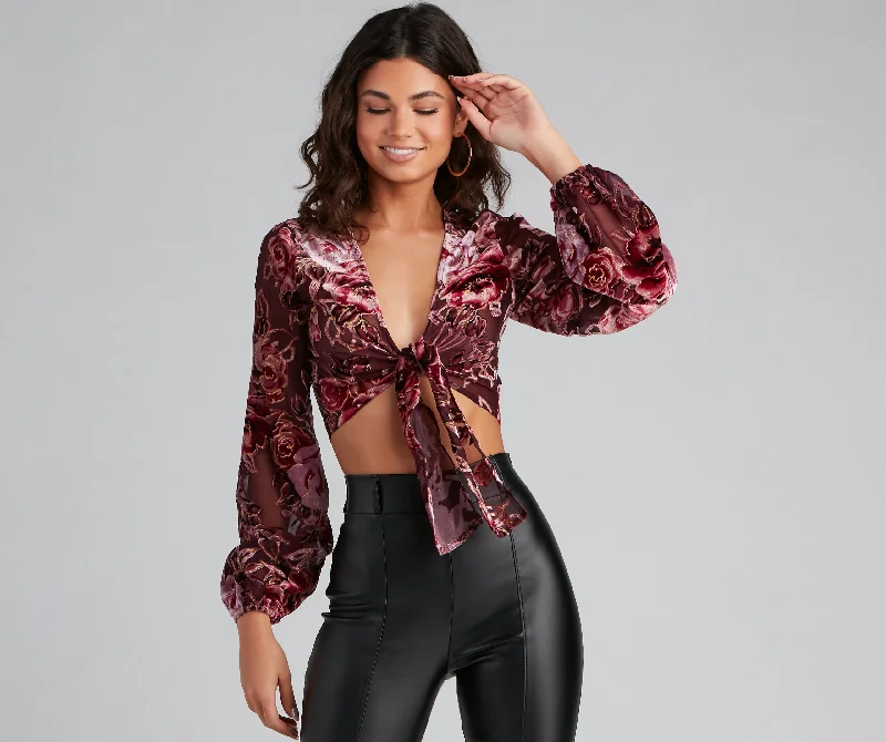 plus-size women's topsLuxe Velvet Floral Tie-Front Top