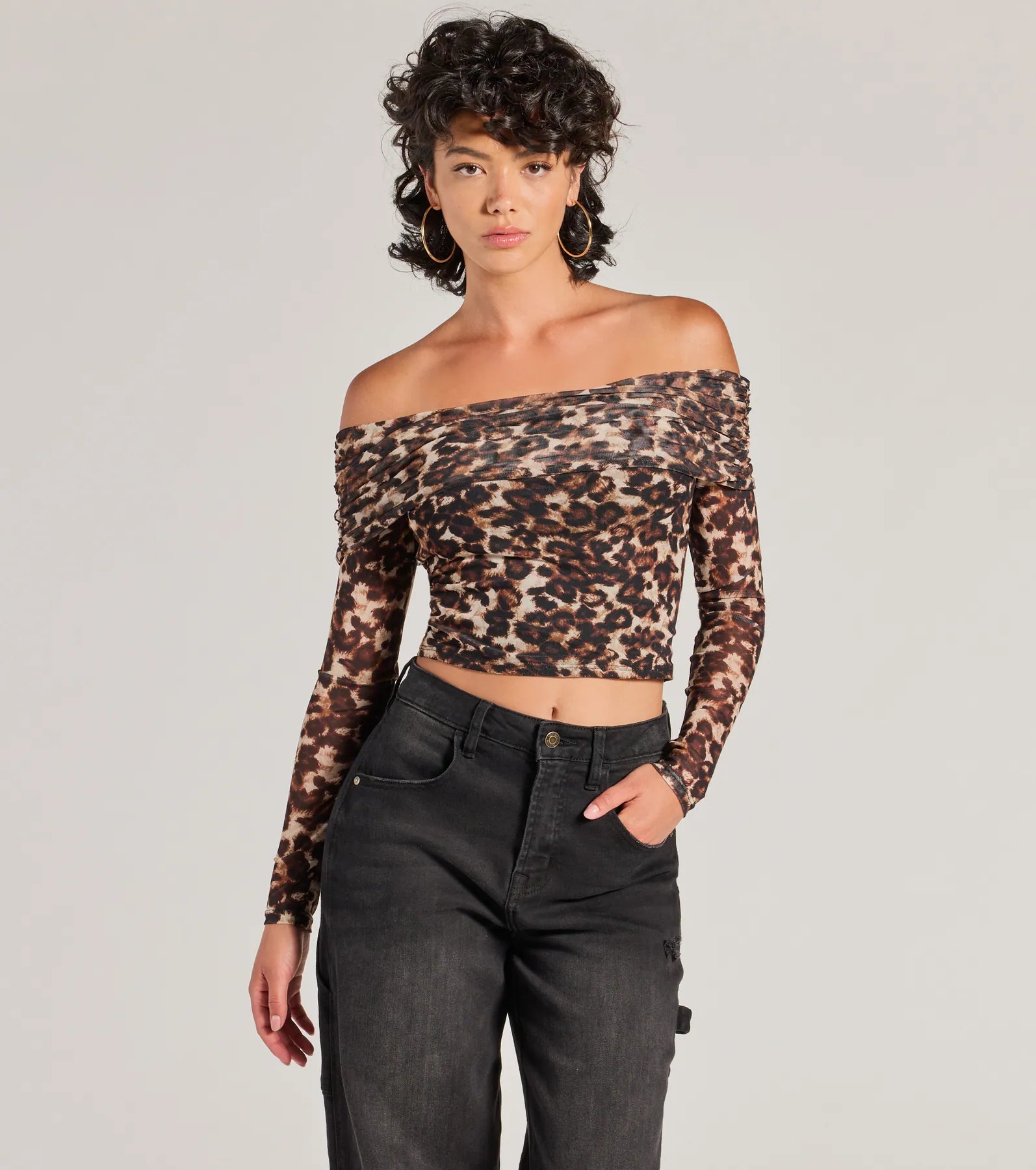 women's tops for those who want to wear pieces that are both comfortable and stylishTrendy Chic Leopard Print Mesh Off-The-Shoulder Top