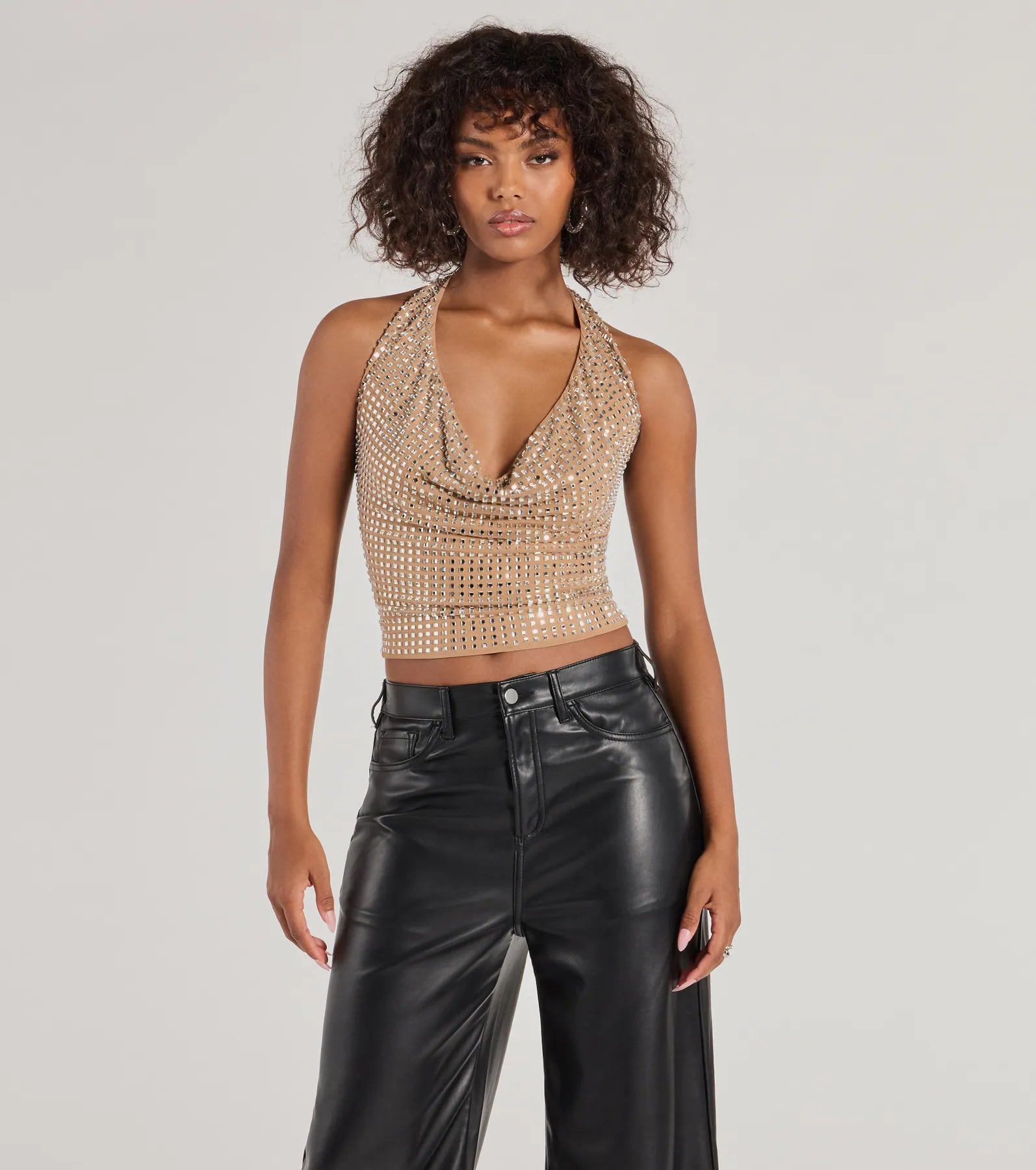 women's tops for those who value both quality and affordabilityGlitzy Chic Cropped Rhinestone Halter Top