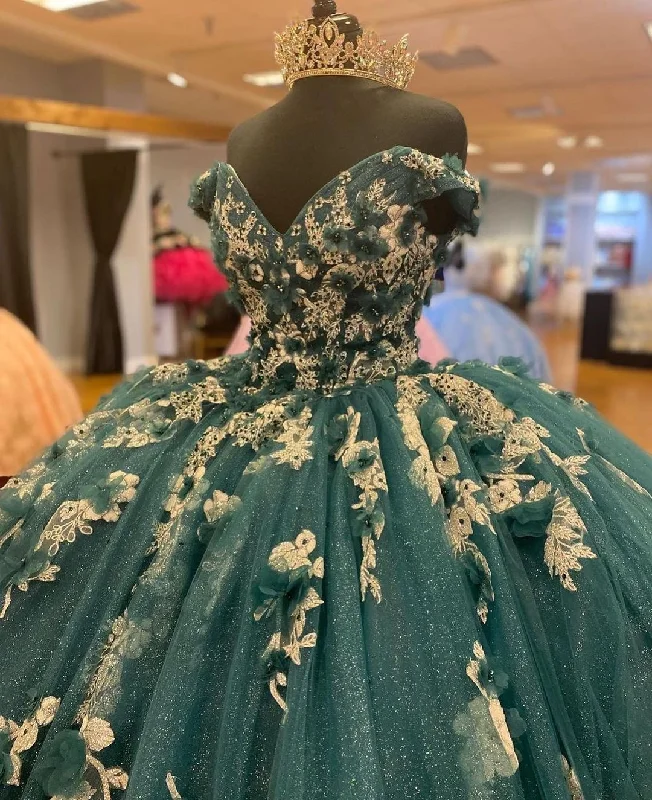 Formal Dress for Theater OpeningsDark Green Quinceanera Dresses Off the Shoulder Princess Pageant Ball Gown Flowers Y4432