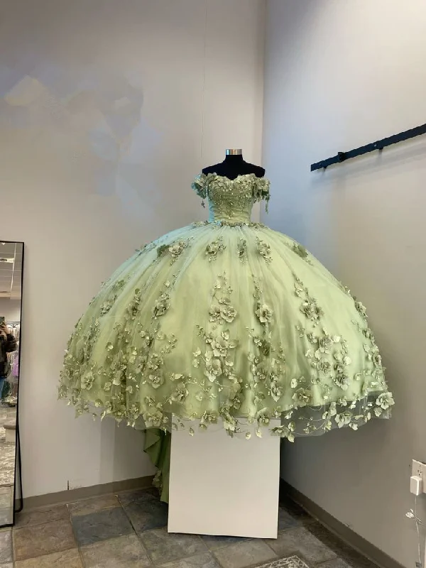 Formal Dress for Garden Party ThemesGreen Quinceanera Dresses 3D Flowers Applique Ball Gown Sweet 16 Dress  Y2984