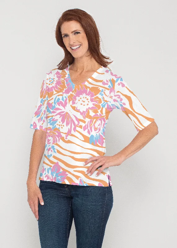 women's tops for creating capsule wardrobesZebra Posy Orange (8119) ~ Signature Elbow Sleeve V-Neck Top